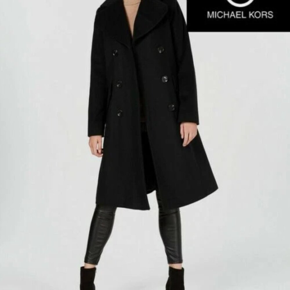 MICHAEL KORS BLACK DOUBLE BREASTED WOOL BLEND NOTCH COLLAR COAT